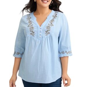 Bloomchic Cotton Floral Embroidered Notched Collar Frill Trim Blouse